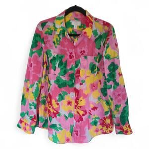 Charter Club Luxury 100% Linen Floral Button-Front Shirt Roll-Tab Sleeves M